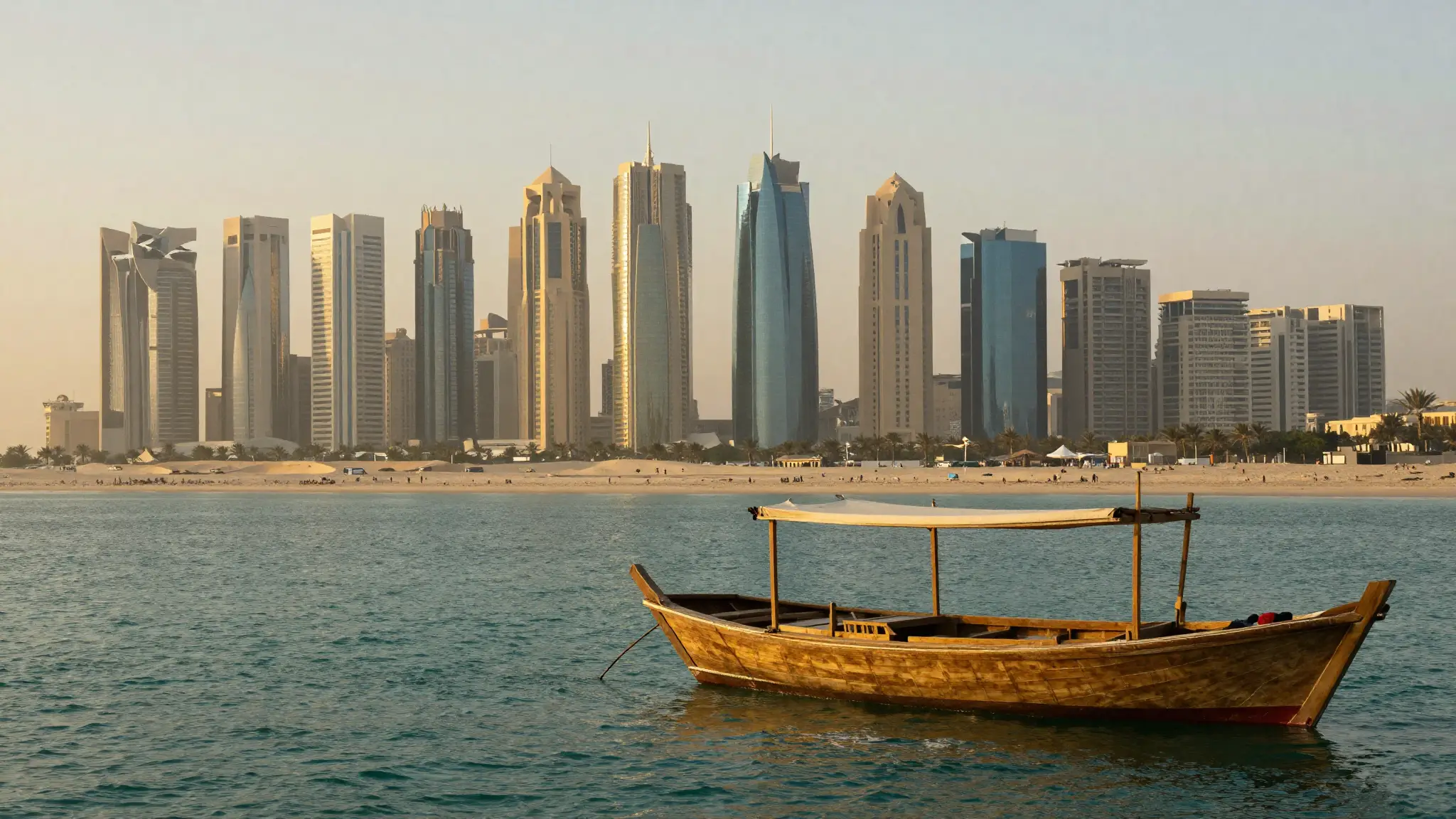 إطلالة بانورامية على أفق مدينة الدوحة القطرية مع سفينة دهو خشبية تقليدية على مياه الخليج، رمز للهوية والتراث القطري